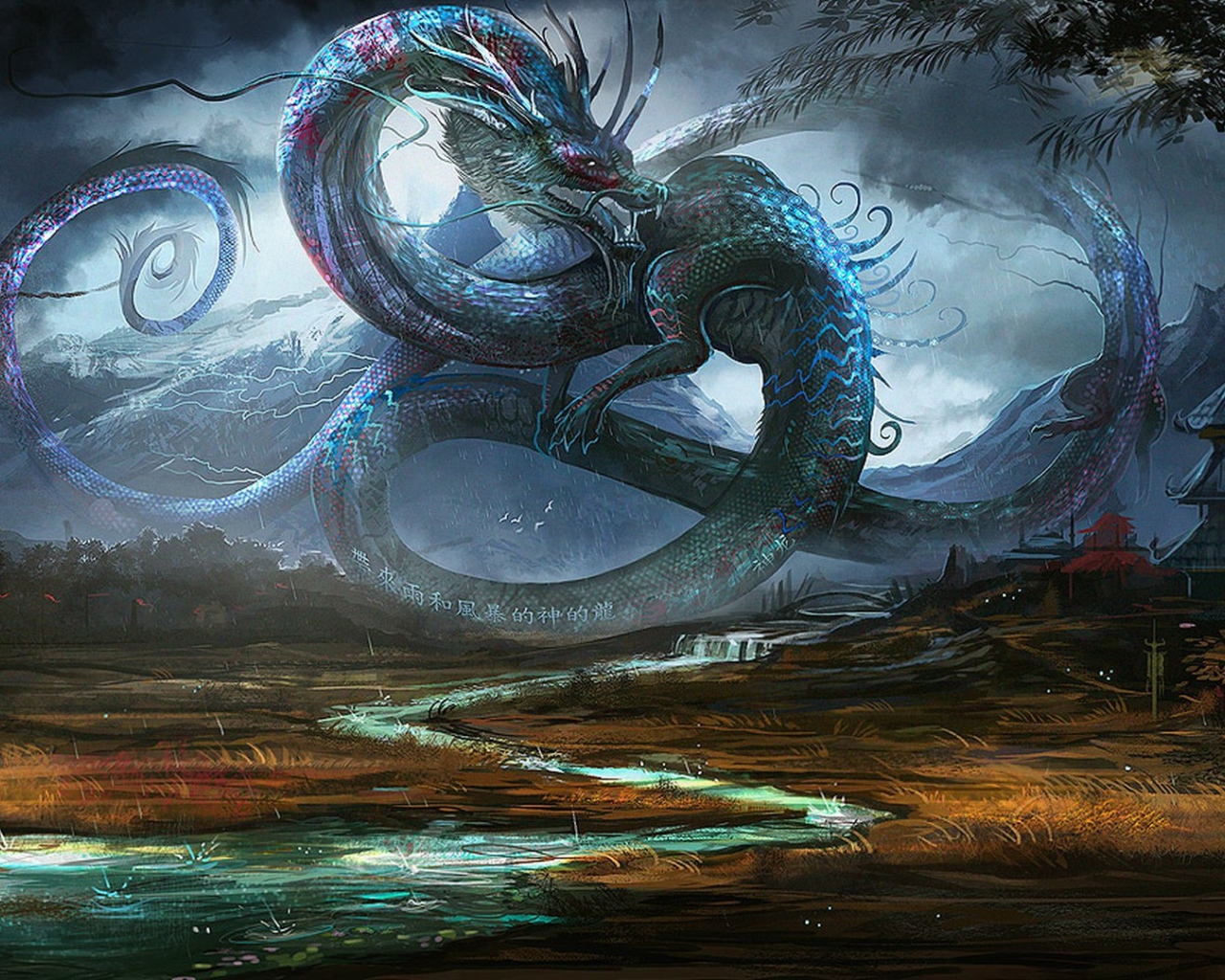 Буддист молится на фоне дракона