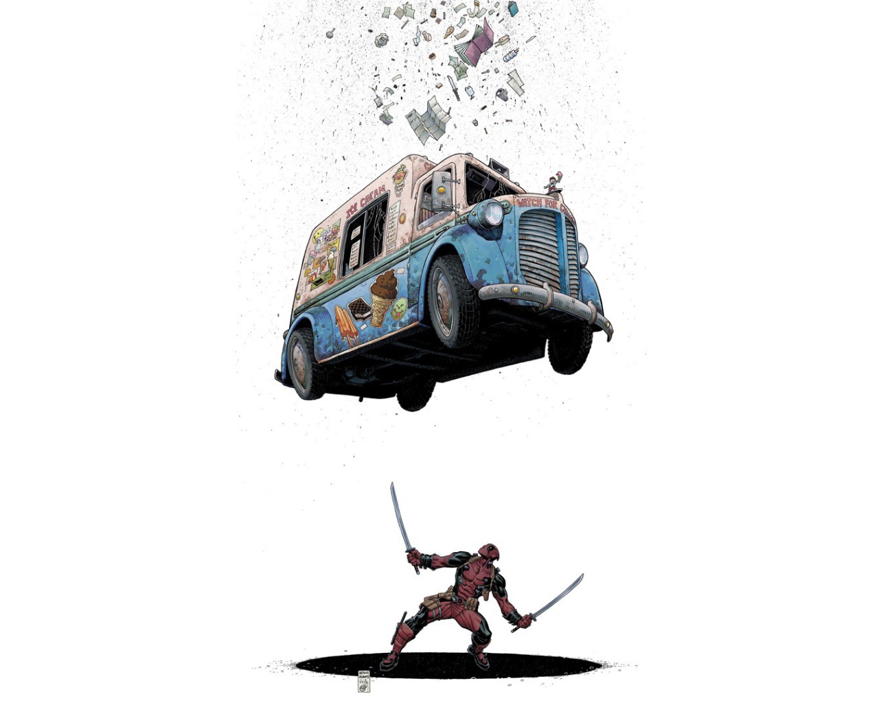 Автомобиль падает на Дэдпула