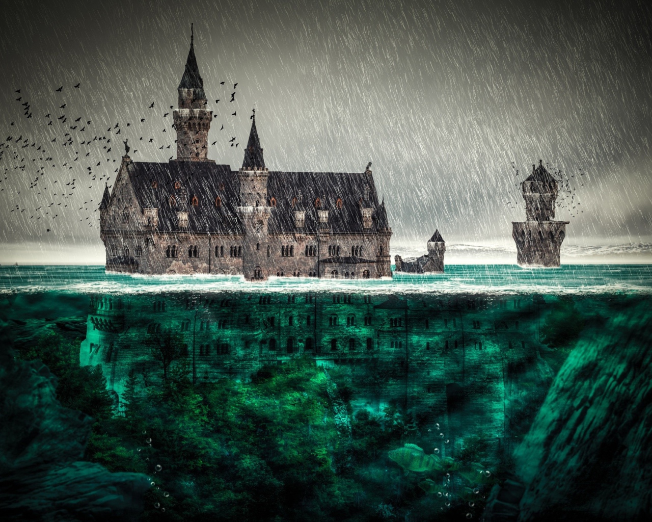 Замок тонет в воде всемирного потопа