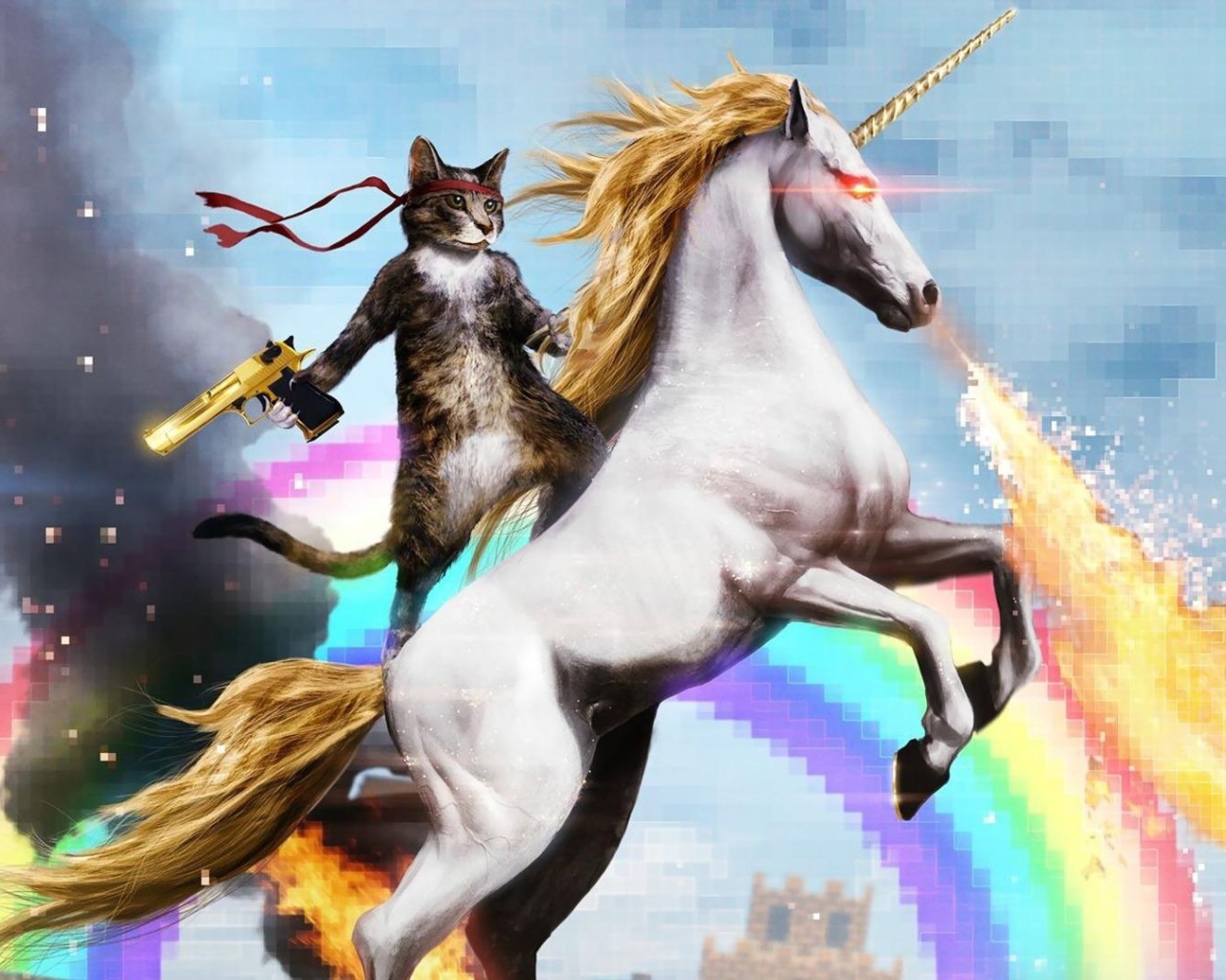 Кот с пистолетом верхом на единороге