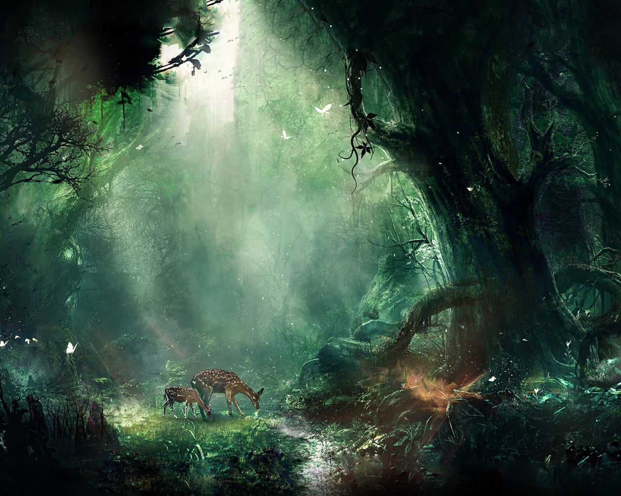 Олени пасутся в чаще волшебного леса