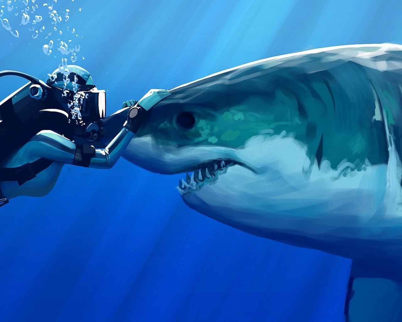 Дайвер гладит акулу