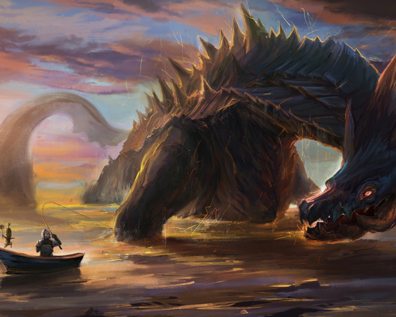 Дракон вышел из воды перед лодкой