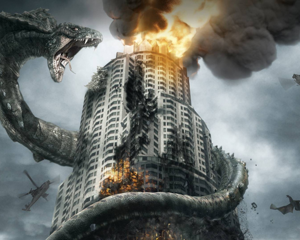 Дракон обвил пылающее здание