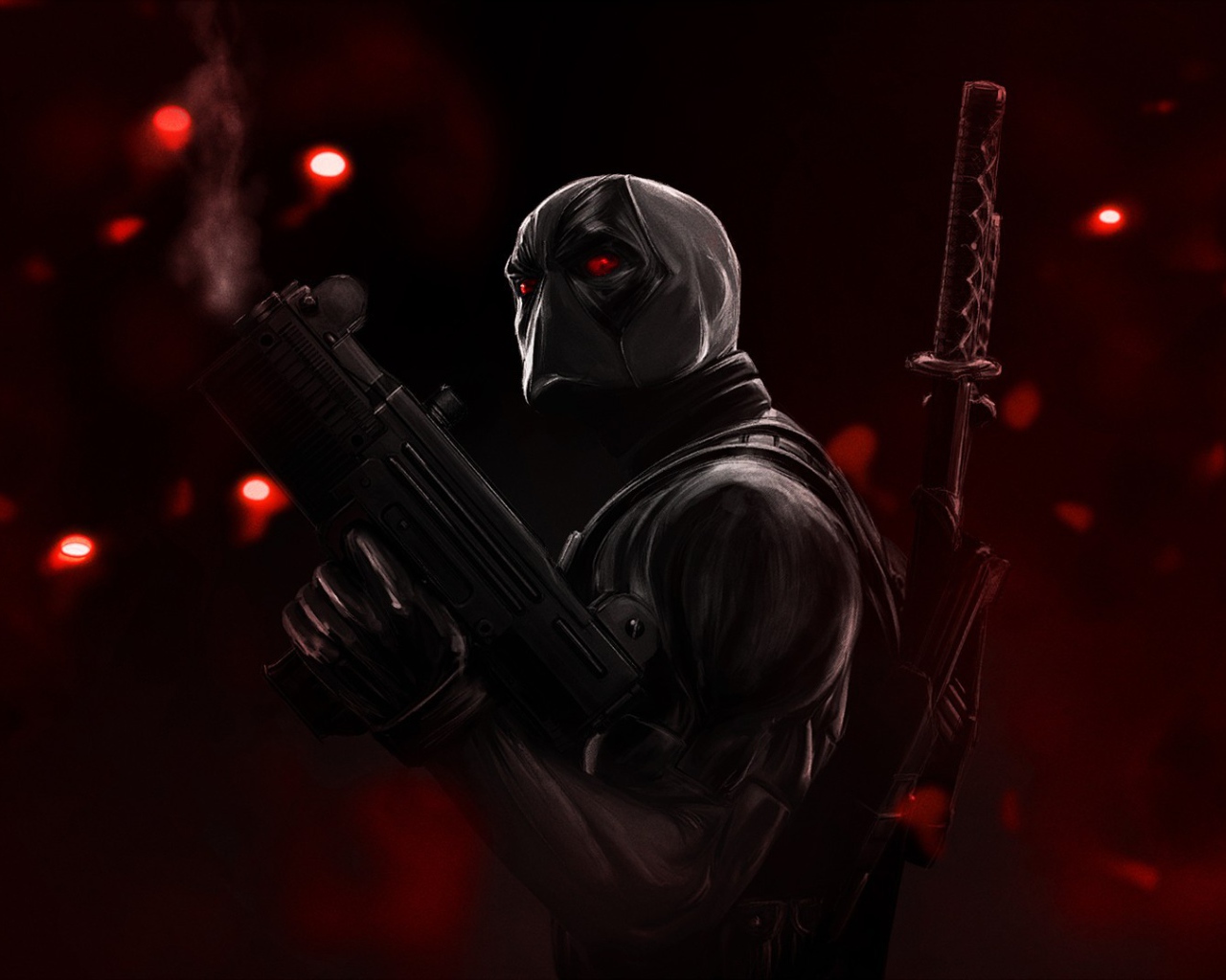 Злой персонаж Дэдпул на красном фоне