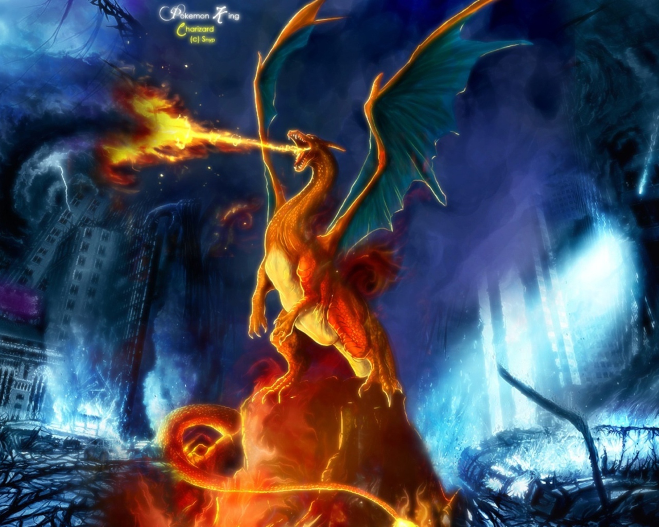 Огнедышащий дракон в городе, Покемоны