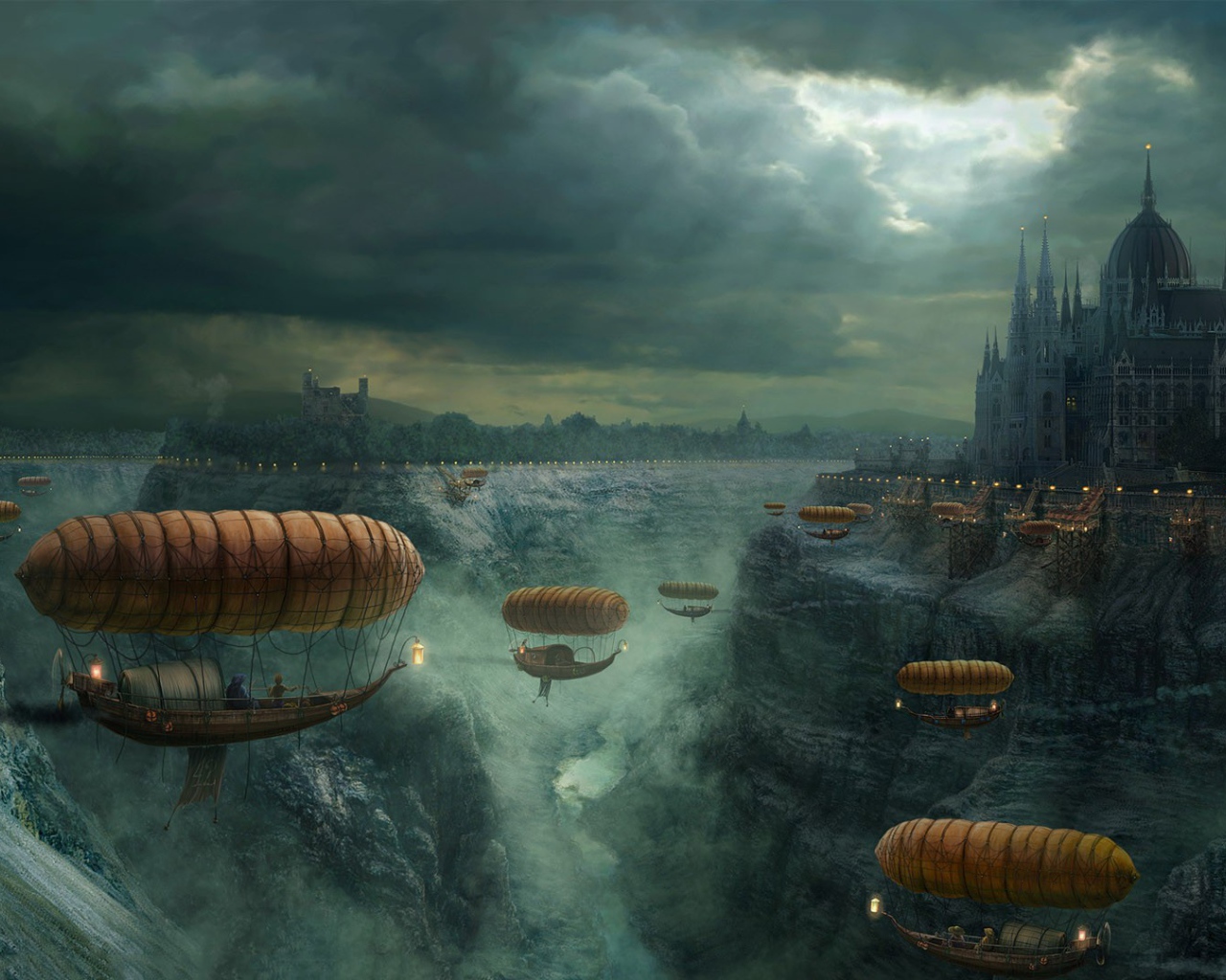 Полеты на дирижаблях над обмелевшей рекой