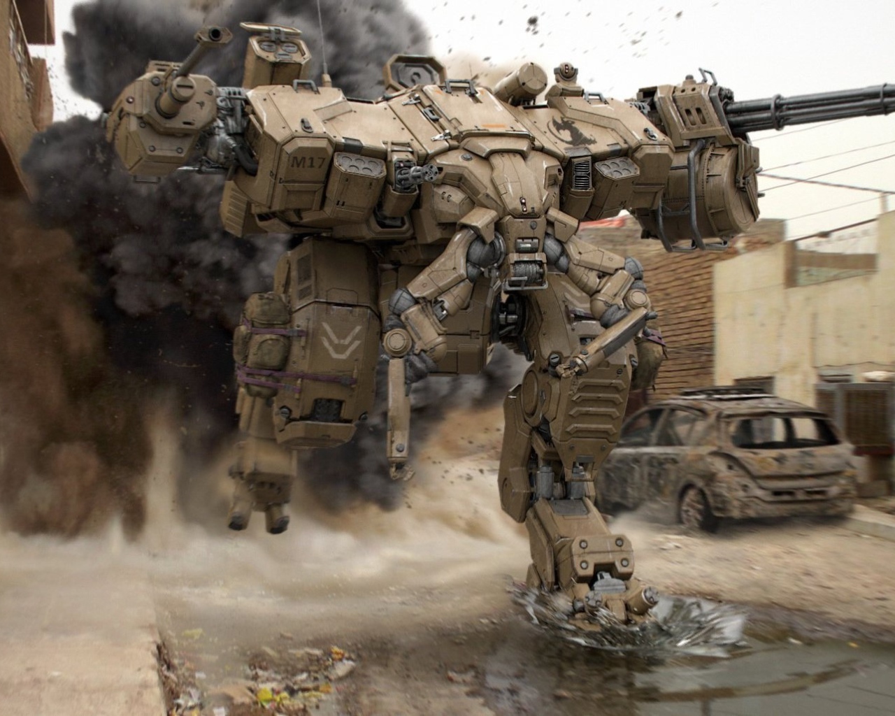 Тяжелый боевой робот бежит по улице