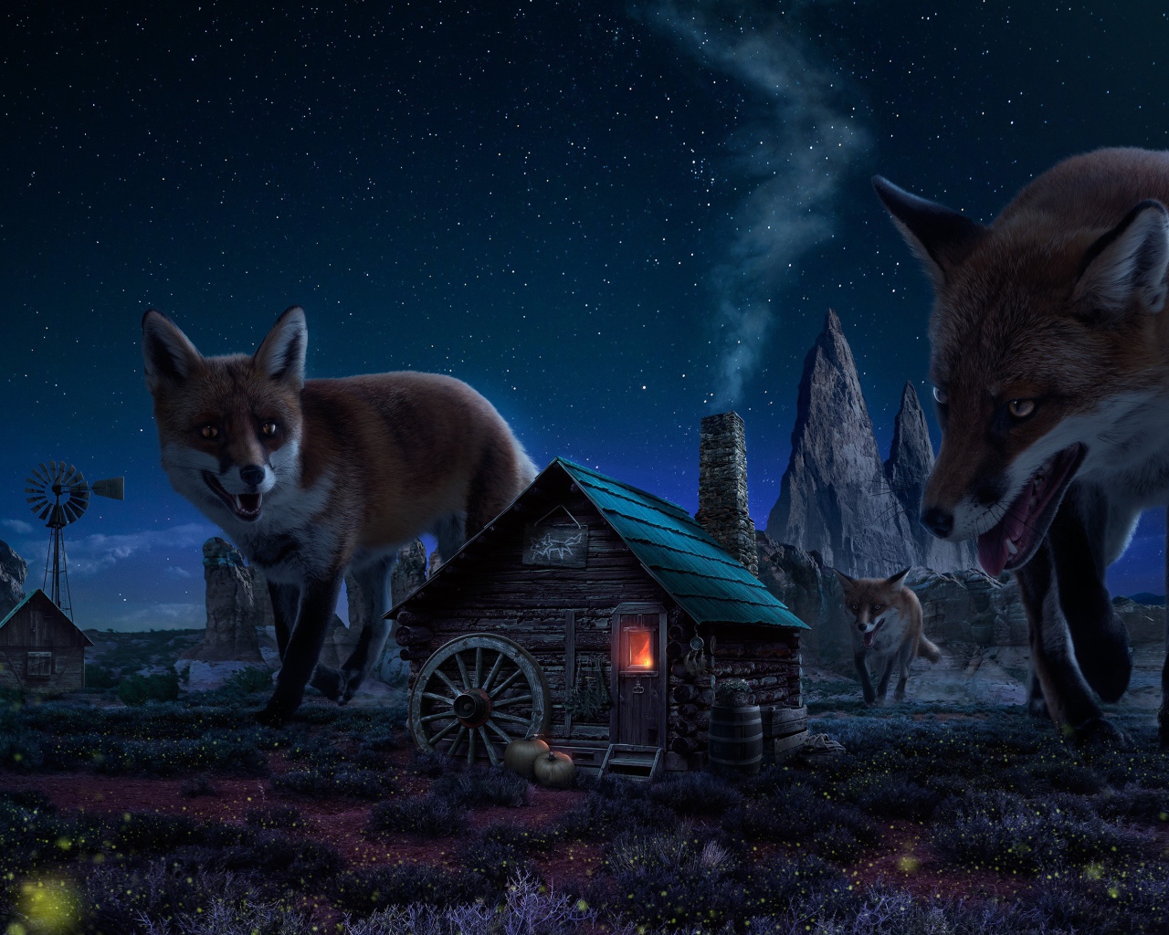 Огромные лисы в деревушке