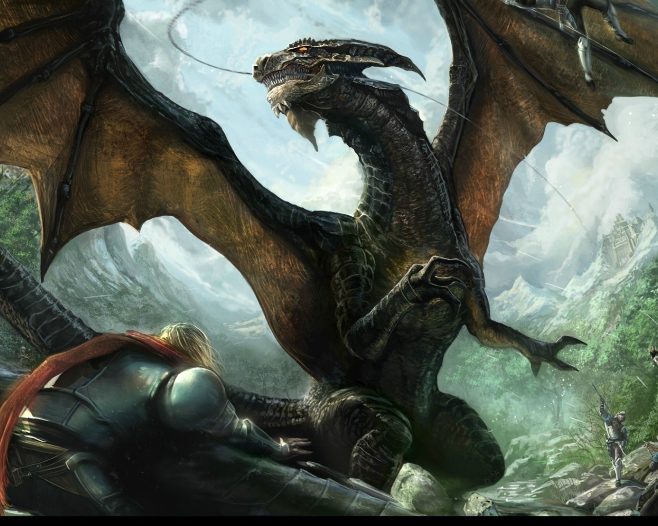 Рыцари в латах ведут бой с драконом