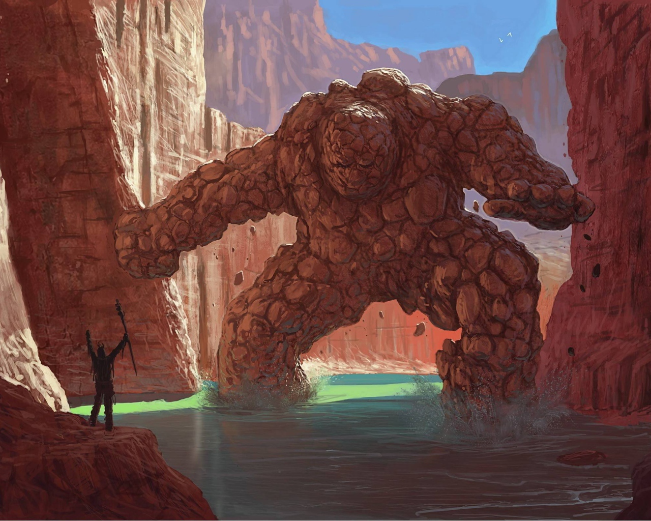 Человек останавливает каменного монстра