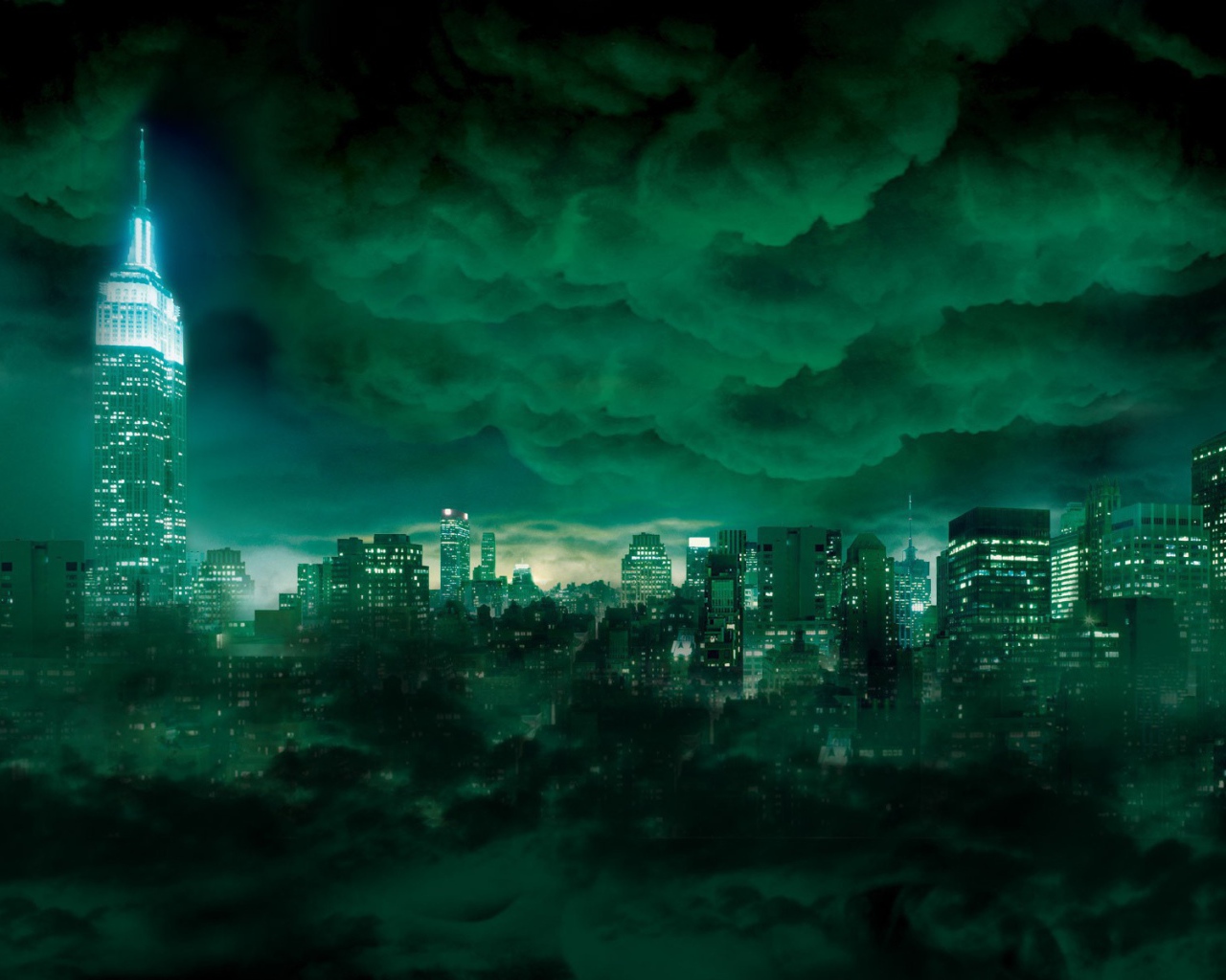 Мегаполис в зеленом тумане