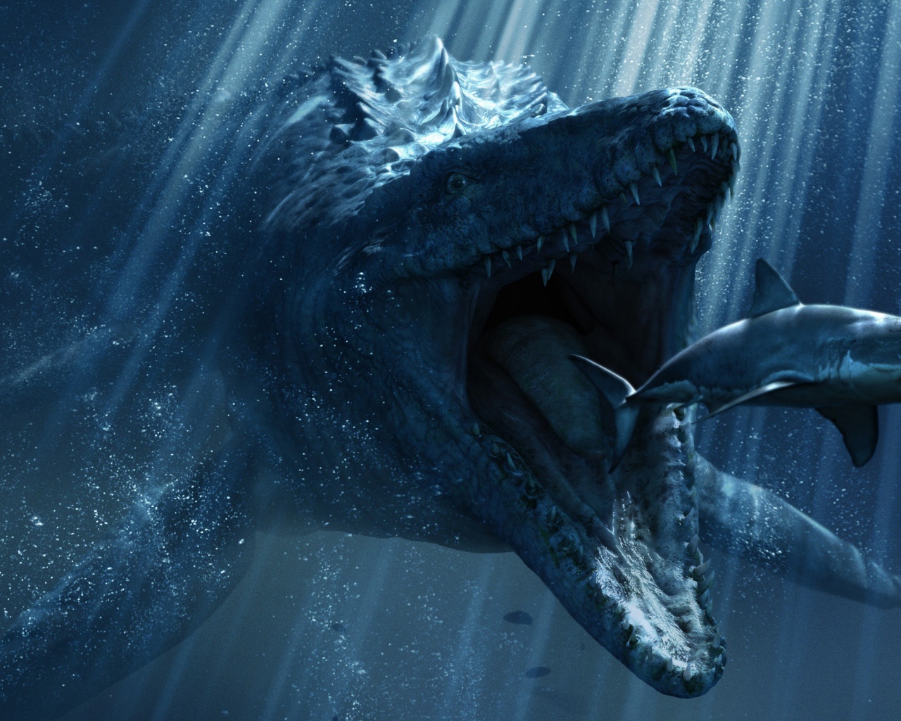 Монстр охотится за акулой под водой