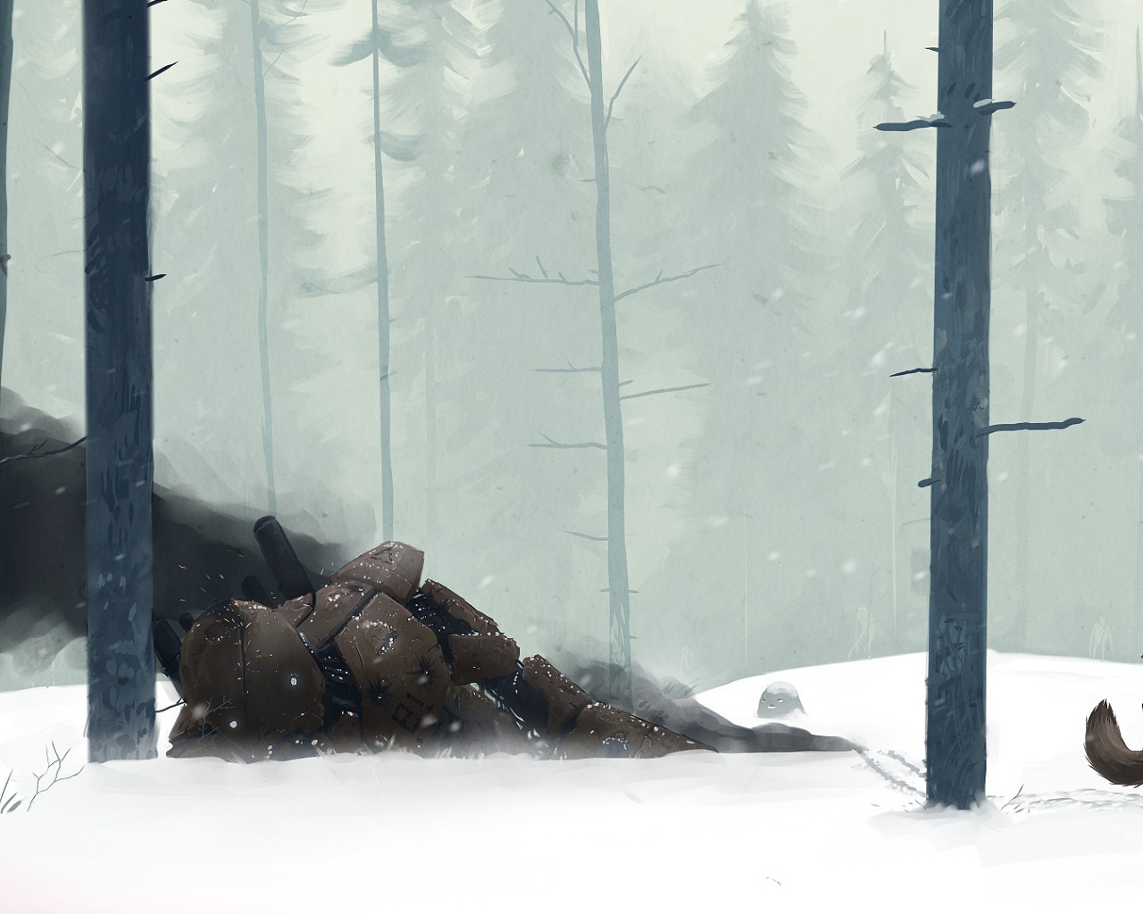 Поверженный робот в зимнем лесу