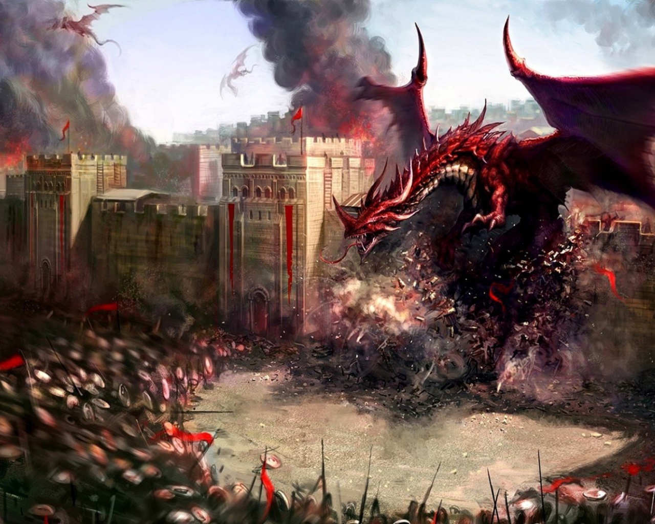 Красный дракон рушит крепостную стену