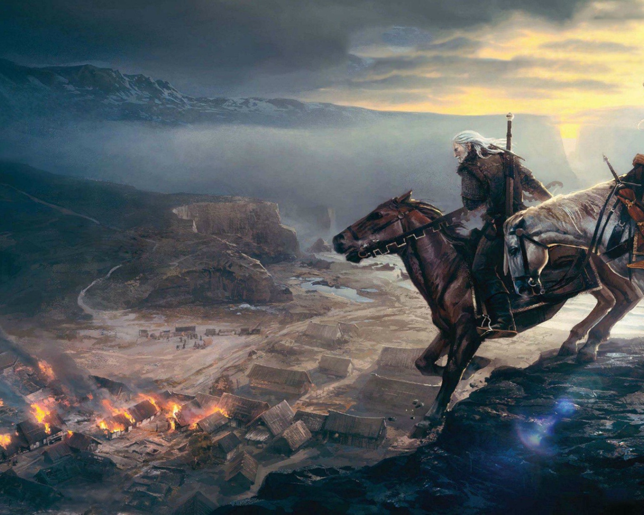 Всадники смотрят на горящую деревню