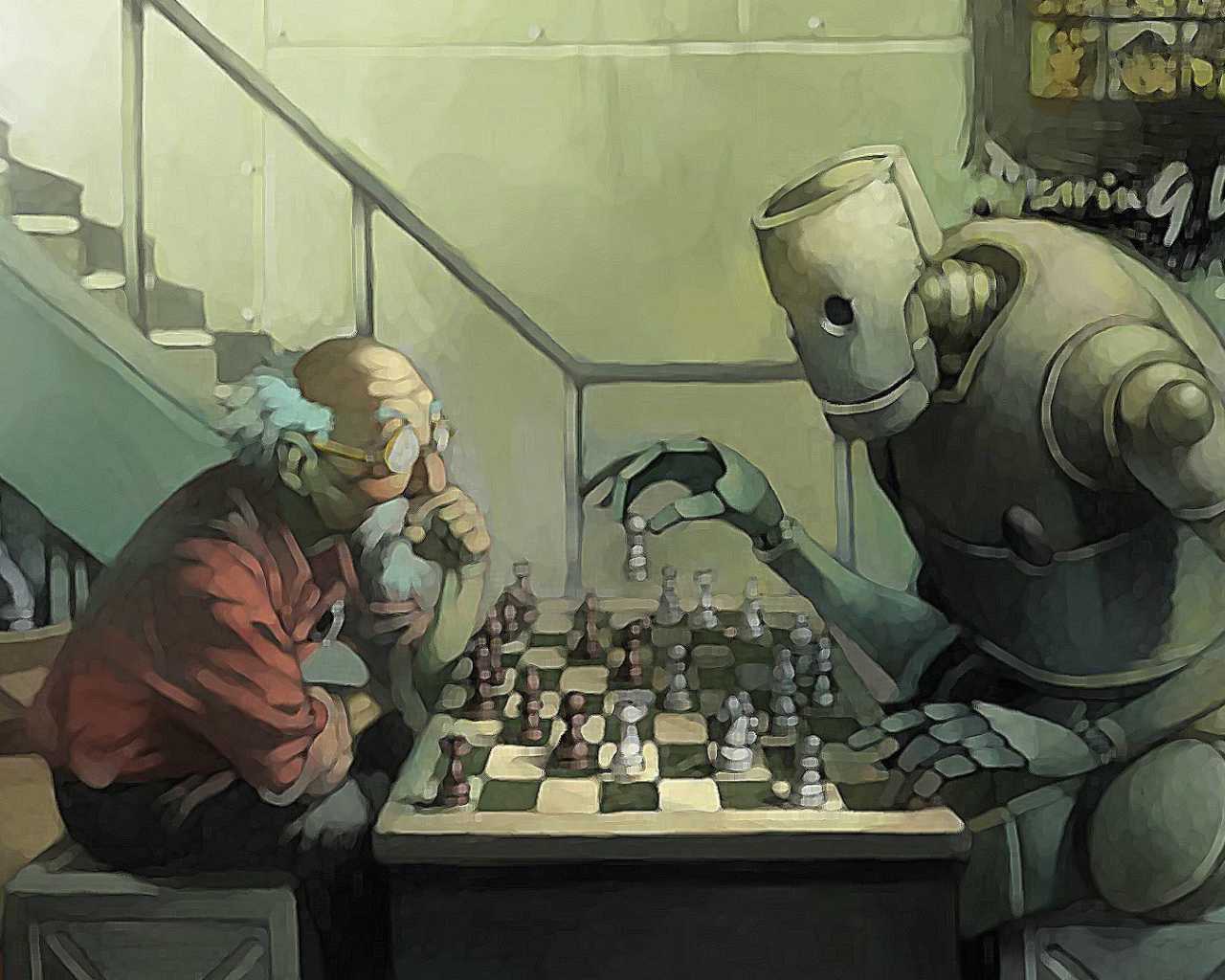 Робот играет в шахматы с пожилым мужчиной