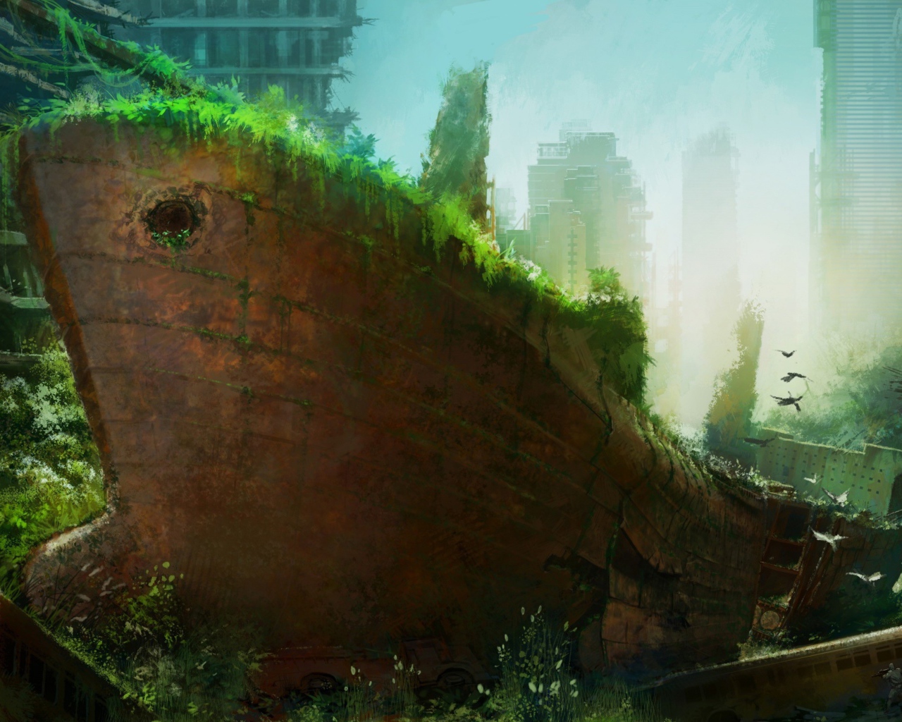 Ржавый корабль среди руин небоскребов