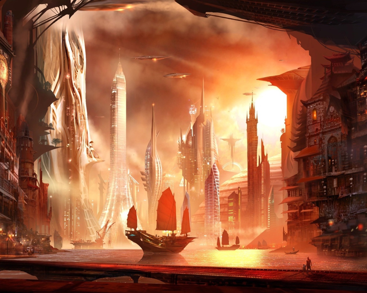 Парусник в азиатском городе будущего