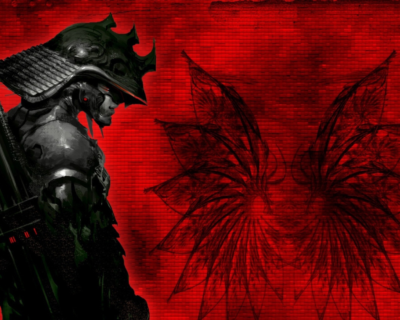 Самурай в доспехах на красном фоне