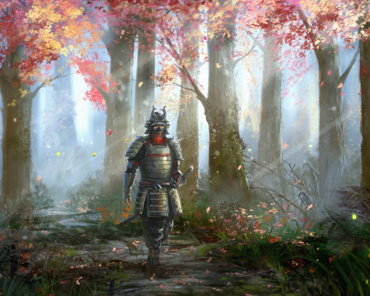 Самурай идет в лесу