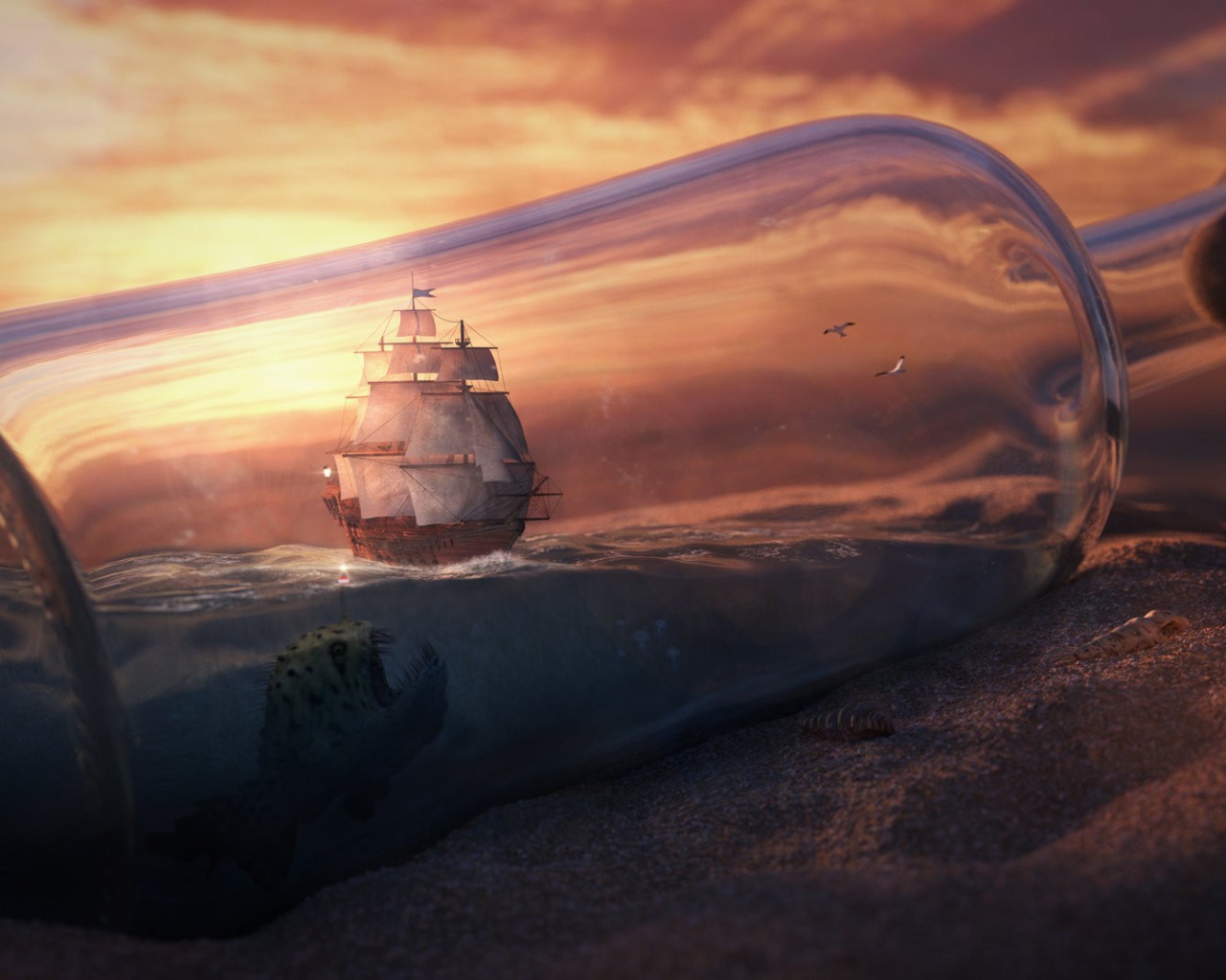 Морское чудовище и корабль в бутылке