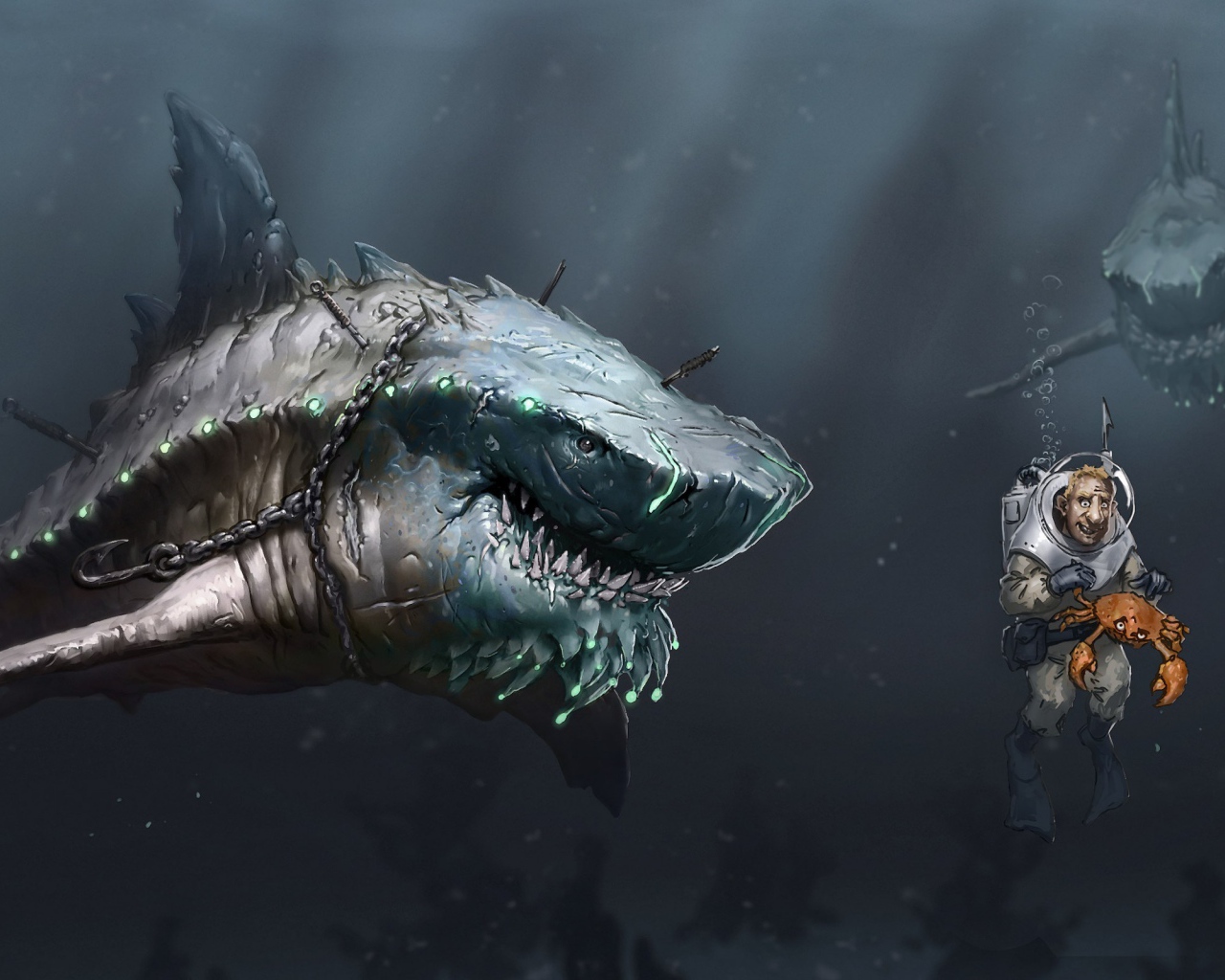 Акула в цепях охотится на дайвера