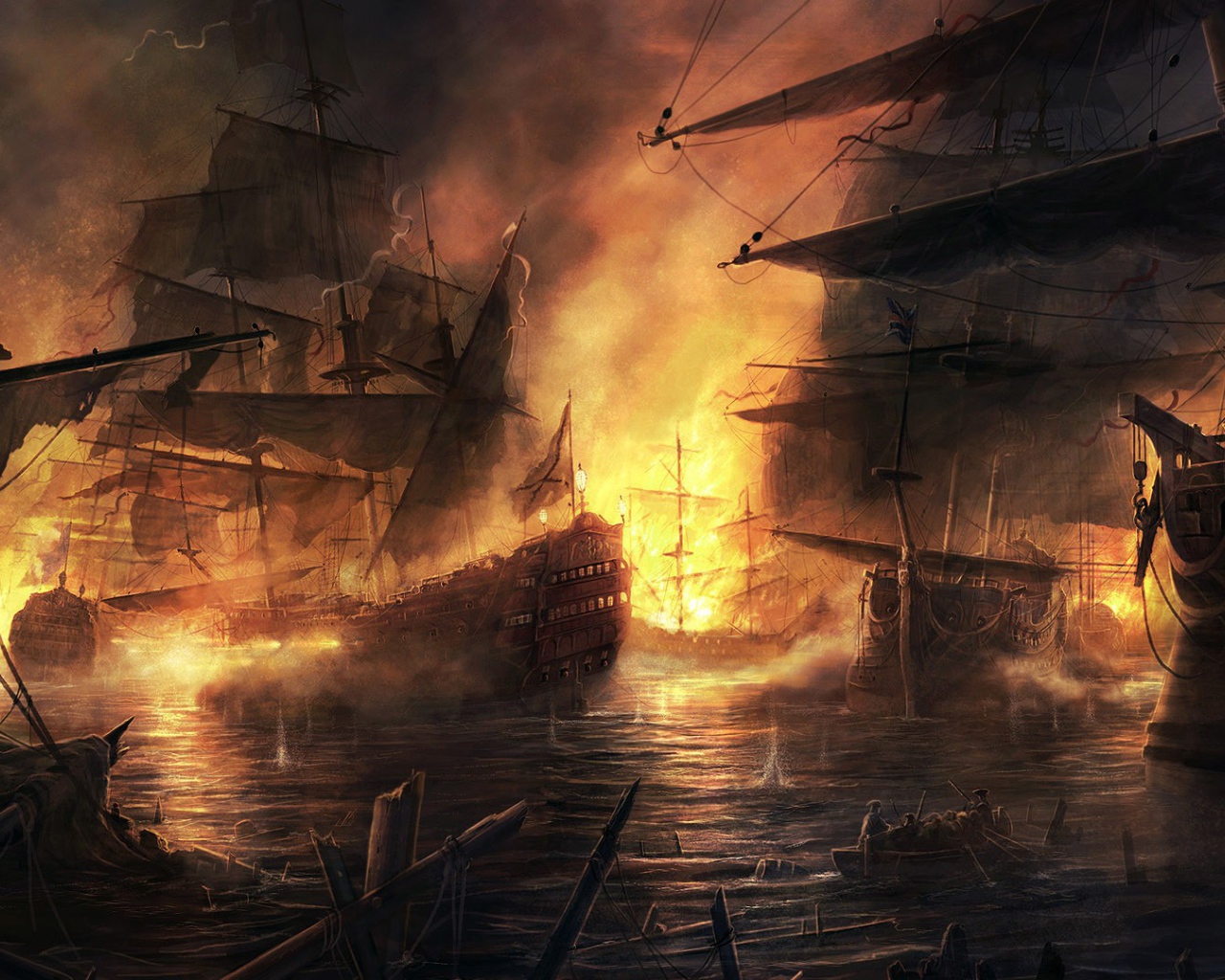 Корабли в дыму и огне