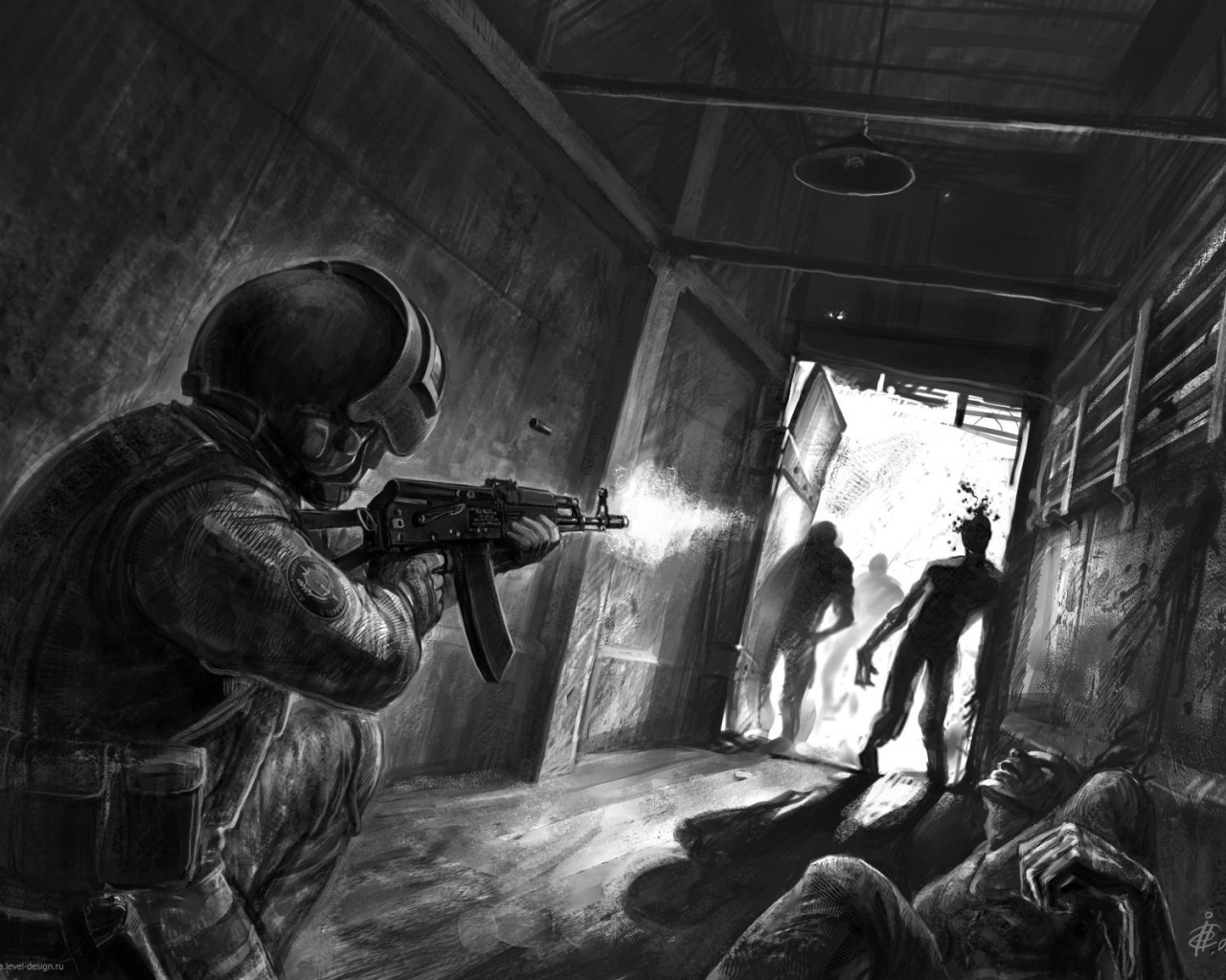 Солдат стреляет в зомби