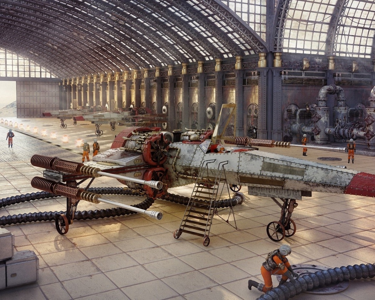 Космический истребитель в ремонтном ангаре