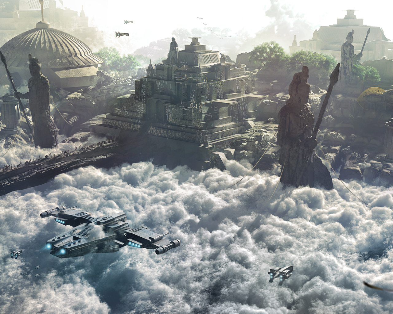 Космический корабль перед храмом развитой цивилизации