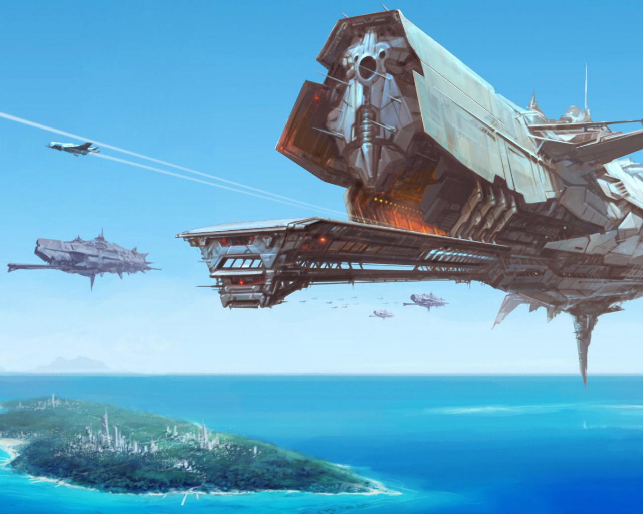 Космический корабль над островом в море