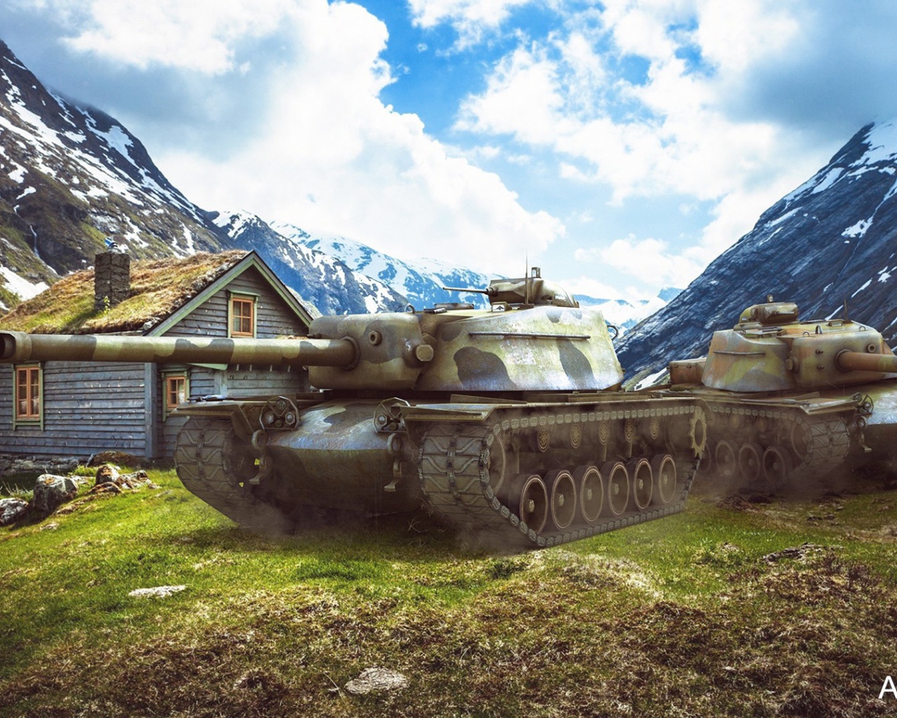 Танки у хижины в горах