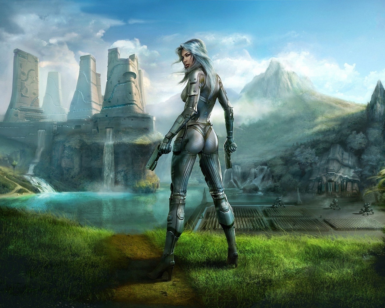 Девушка в скафандре в городе будущего