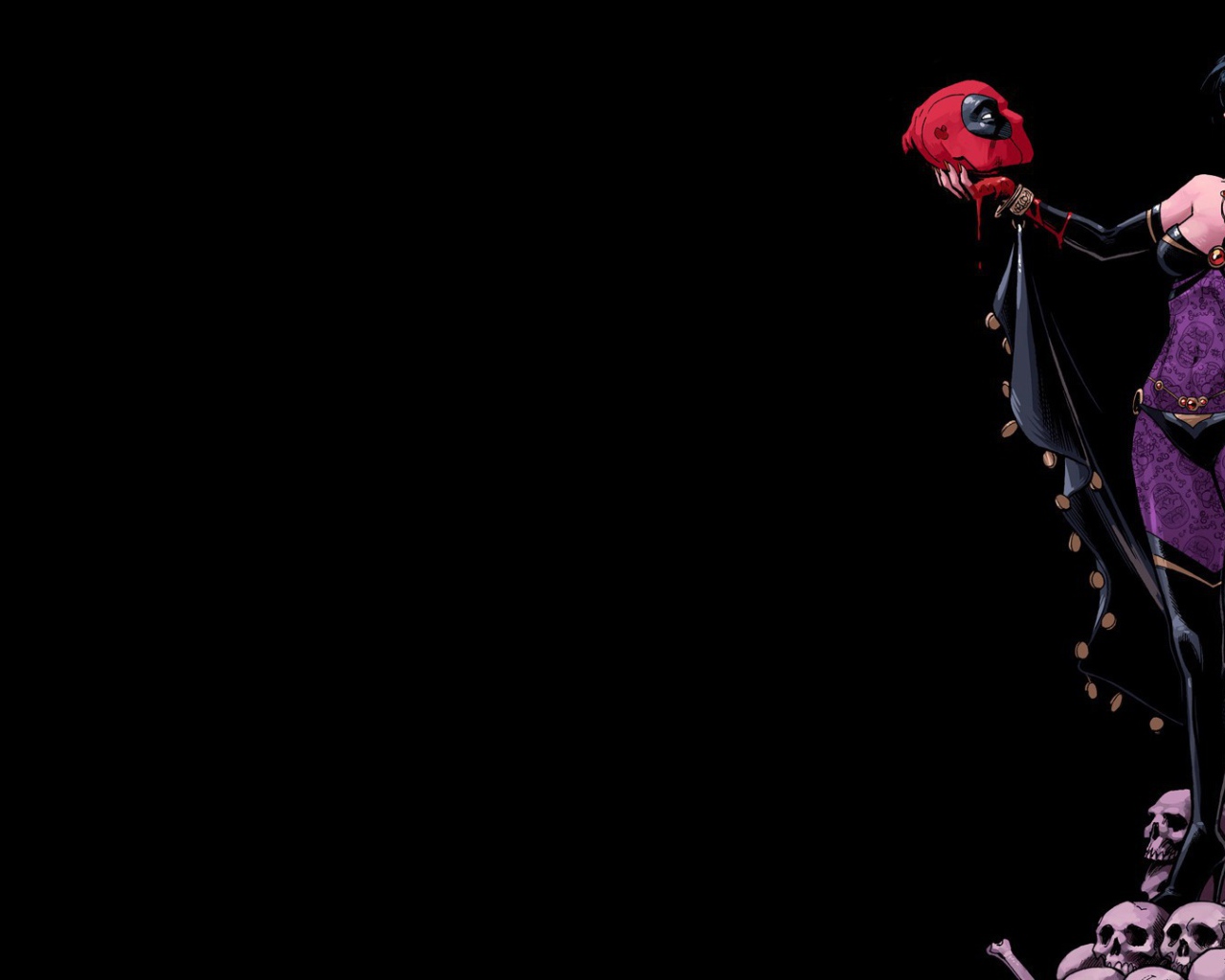 Девушка держит в руке голову Дэдпула