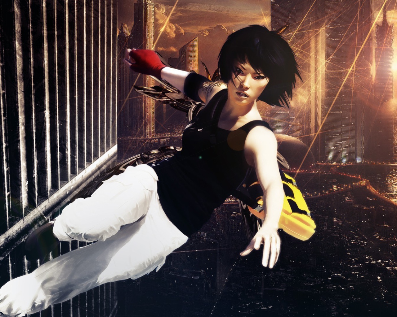 Девушка бежит по стене небоскреба