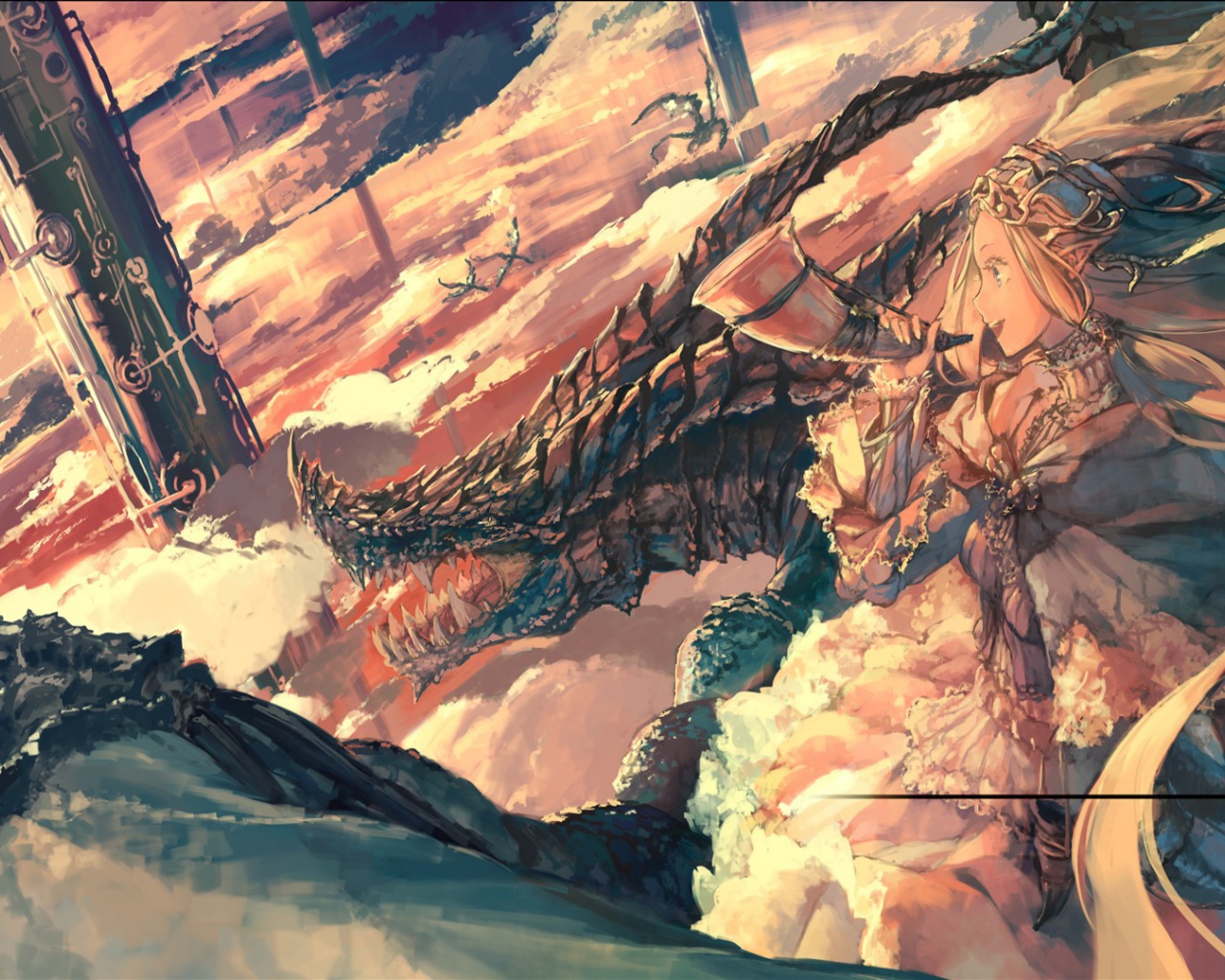 Девушка управляет драконом с помощью рога