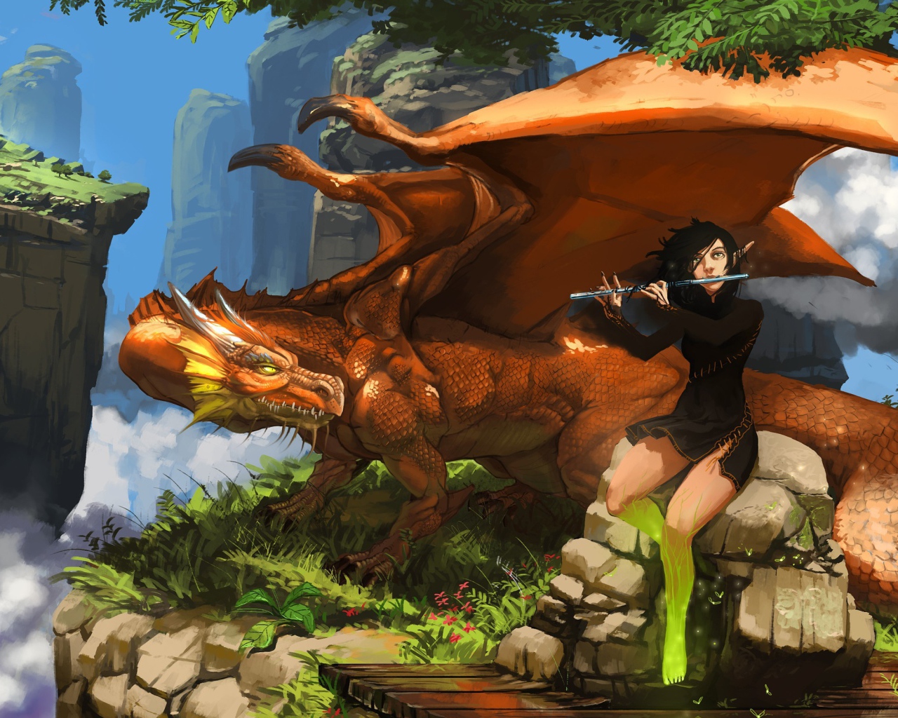 Парень играет на флейте для дракона