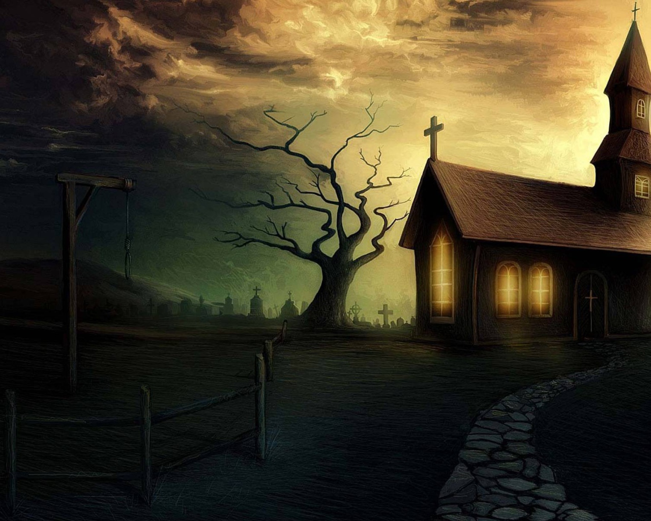 Свет в окнах церквушки и виселица перед ней