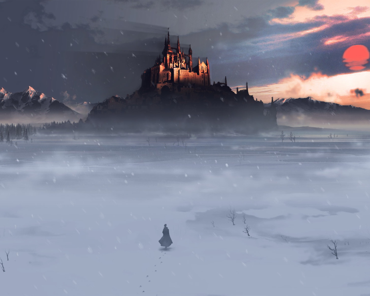 Человек идет по пустыне к городу