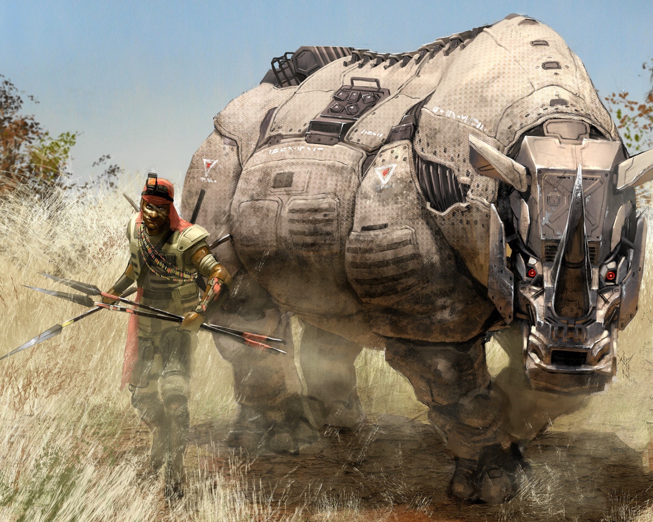 Мужчина с роботом носорогом