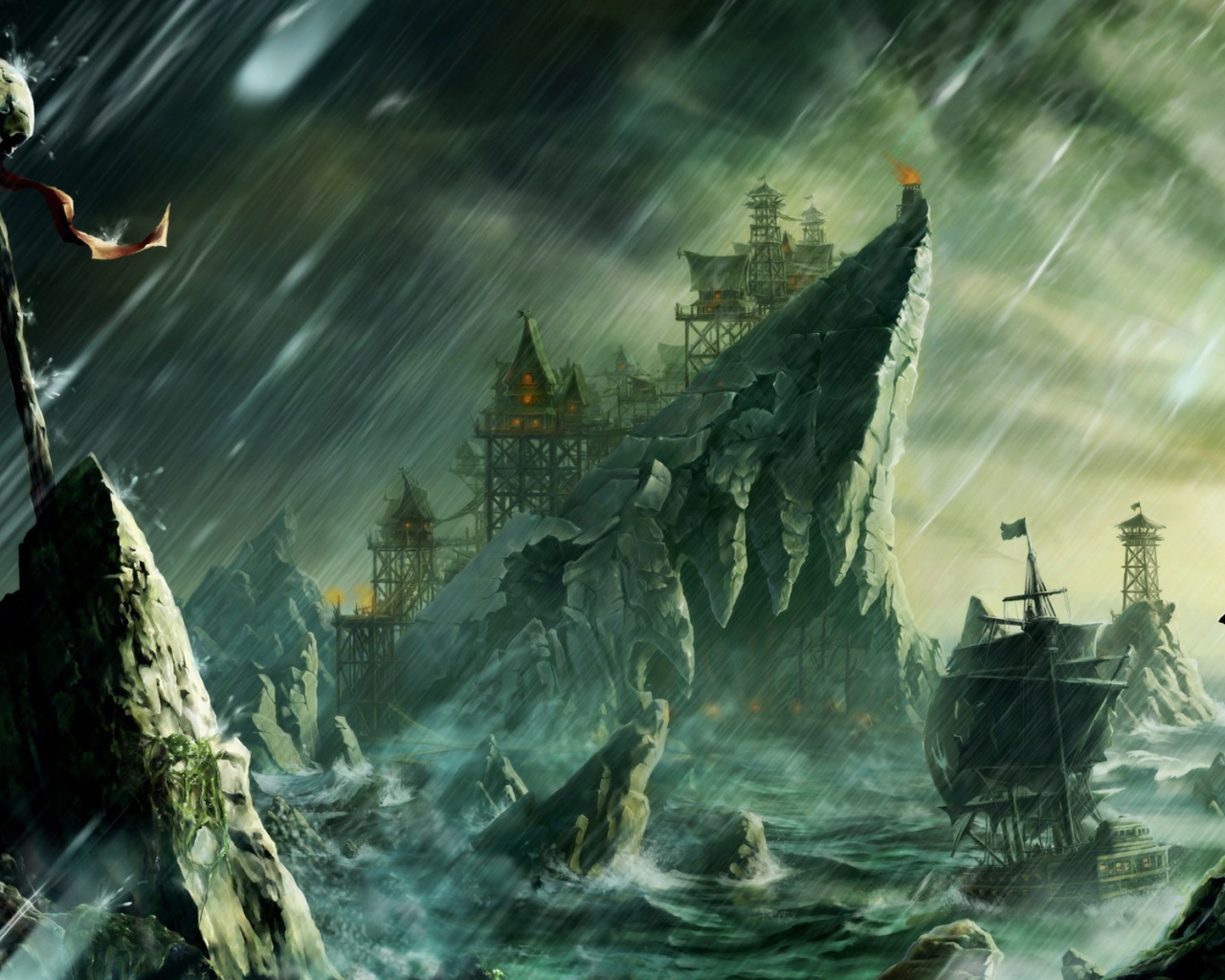 Череп на палке на фоне скалы