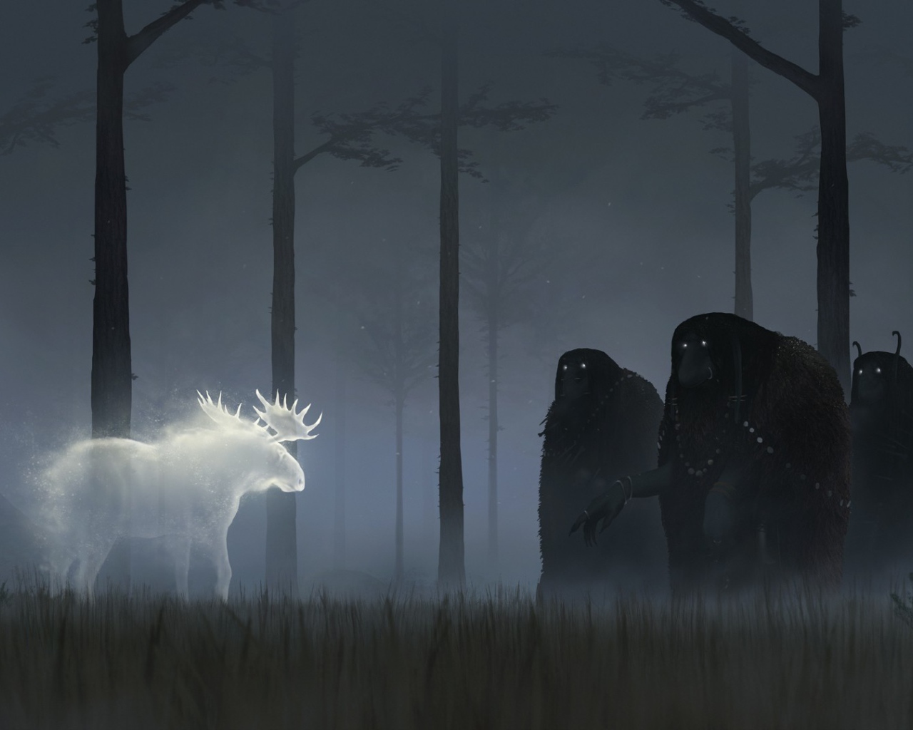 Призрак оленя в темном лесу