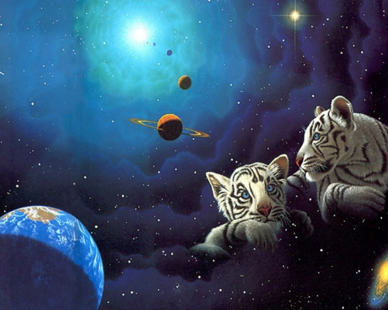 Две белых тигренка в космосе