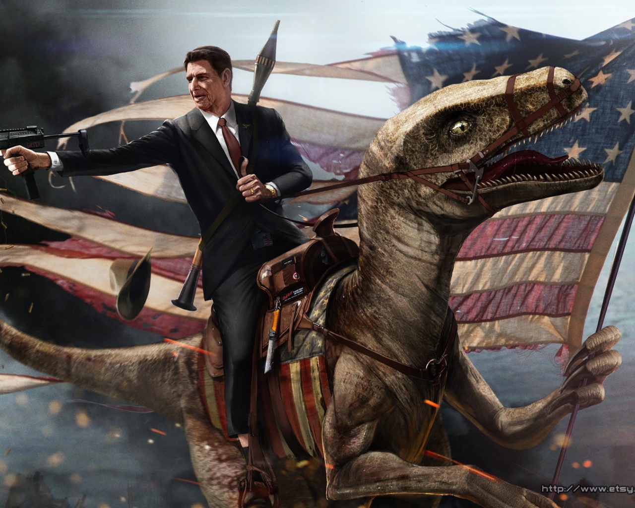 Президент США верхом на динозавре