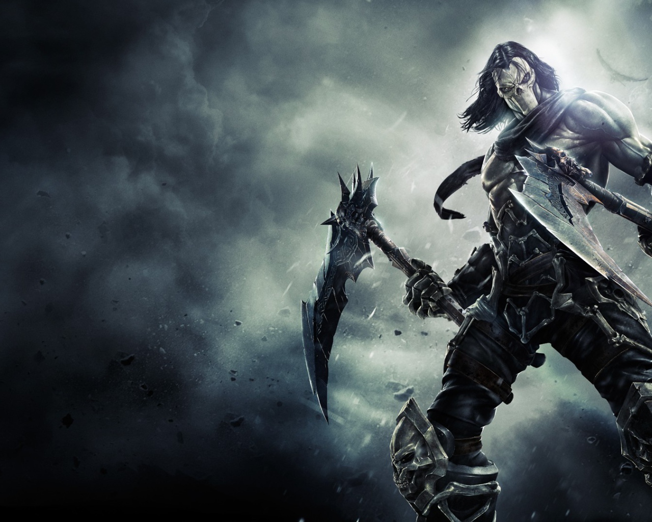 Воин в маске черепа с топорами