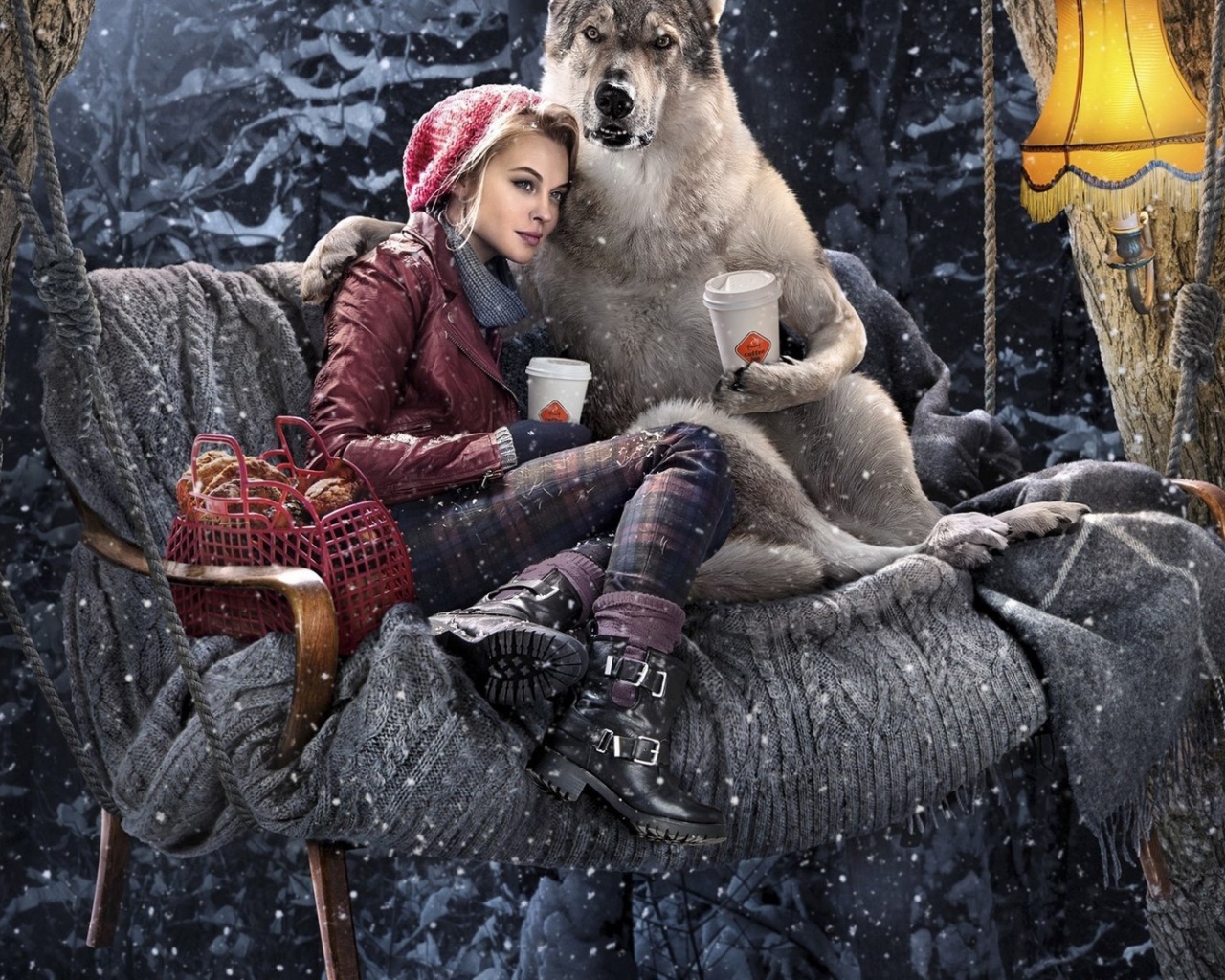 Волк пьет кофе с Красной шапочкой