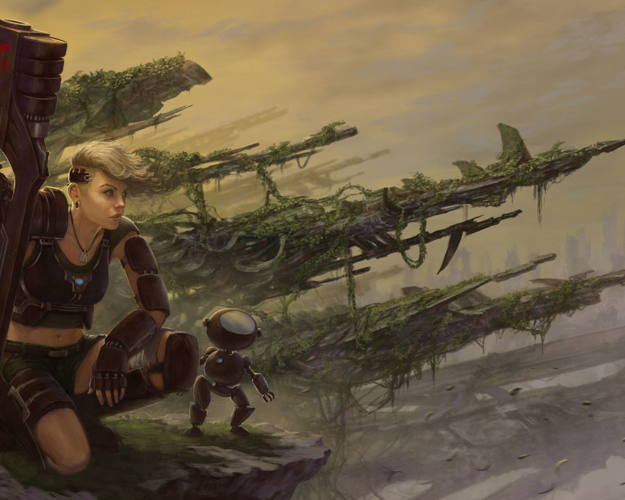 Девушка солдат с роботом помощником