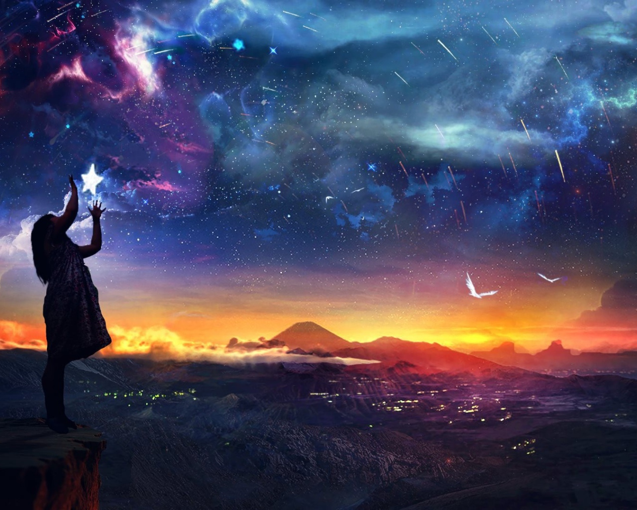 Женщина поправляет звезды в небе