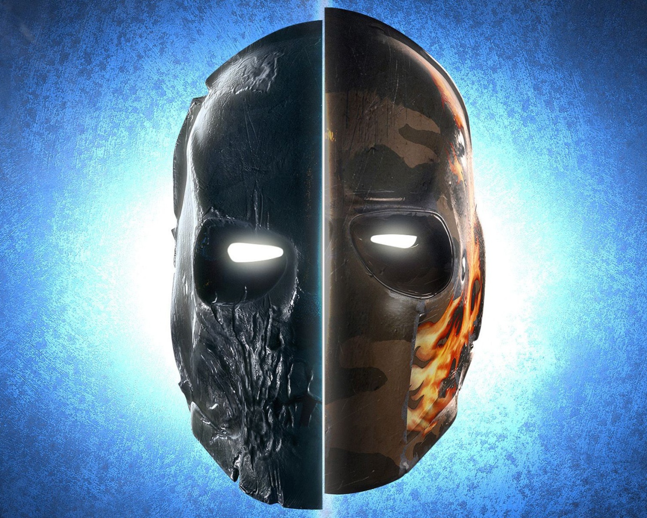 Деревянная и железная маска, голубой фон